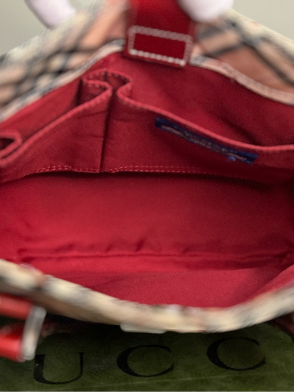 Vintage Burberry Nova Check Tote Bag Red Leather Trim Beige Plaid Shoulder Bag - Picture 7 of 13
